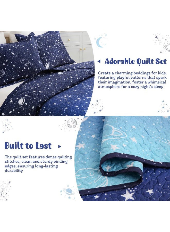 JSD Blue Stars Kids Quilt Set Full/Queen, 3 Piece Space Theme Boys Printed Bedspread Coverlet with Pillow Sham Quilted Blanket - Image 3