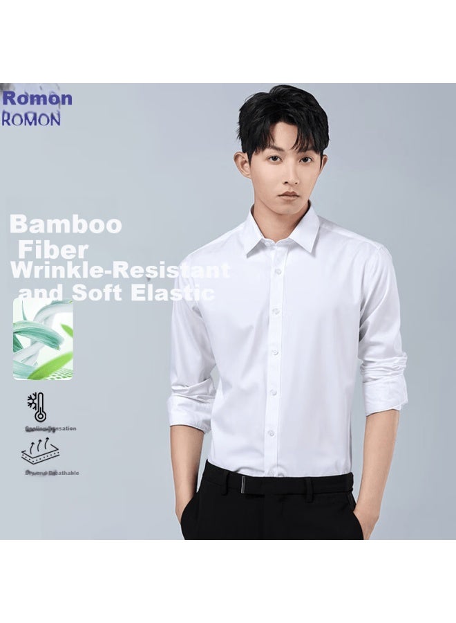 Romon [bamboo Fiber] Men's Shirt Summer Business Casual Wrinkle-resistant Professional Formal Breathable Long Sleeve White 42 - Image 1