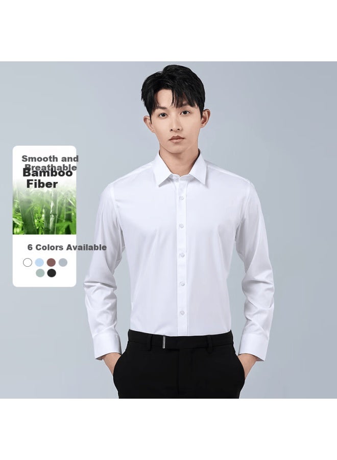 Romon [bamboo Fiber] Men's Shirt Summer Business Casual Wrinkle-resistant Professional Formal Breathable Long Sleeve White 42 - Image 2