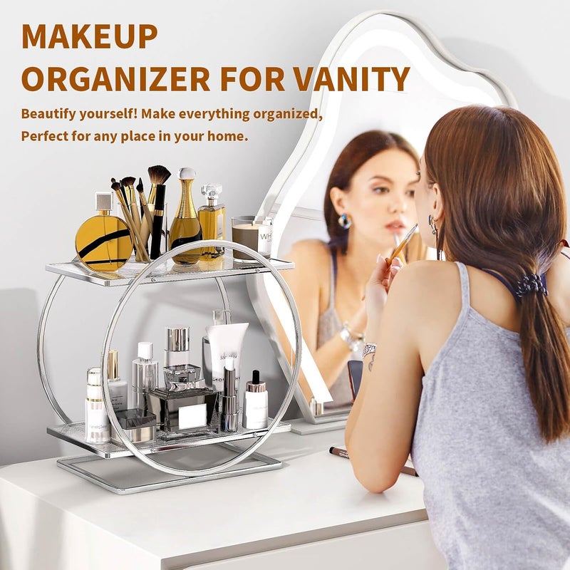 KASTWAVE Perfume Organizer for Bedroom Dresser, Sliver Makeup Organizers for Vanity, 2 Tier Bathroom Countertop Organizer, Perfume Tray Skincare Storage, Cosmetic Display Rack, for Dresser Vanity Tray - Image 2