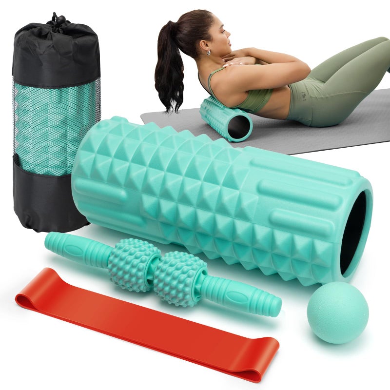 LTHTRADE 5 in 1 Foam Roller Set - Back Roller Foam, Massage Roller Stick, Massage Ball, Resistance Band for Physical Therapy & Deep Tissue Muscle Massage (Green) - Image 1