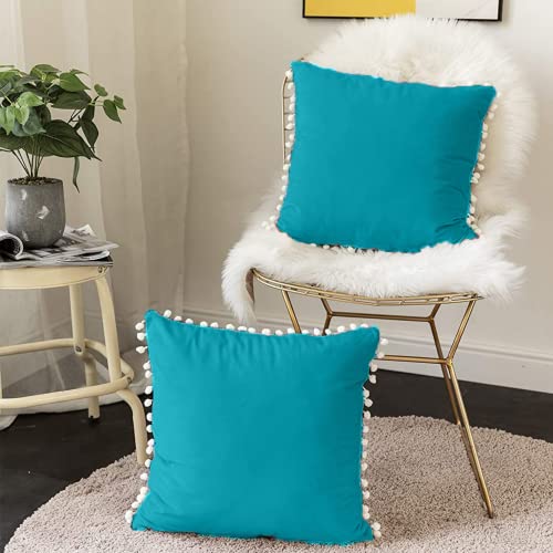 CottonFry Set of 2 Cushion Covers/Throw Pillow Covers Size 24"X24" Inches with Pom Poms, Soft Square Velvet Pillowcases Home Decor (Sea Green, Pack of 2) - Image 1