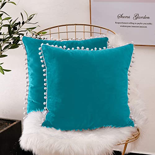 CottonFry Set of 2 Cushion Covers/Throw Pillow Covers Size 24"X24" Inches with Pom Poms, Soft Square Velvet Pillowcases Home Decor (Sea Green, Pack of 2) - Image 3