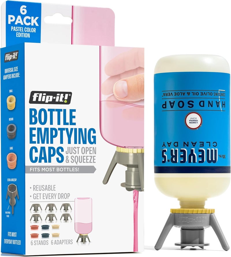Flip-It! Bottle Emptying Kit – 6 Bottle Pack - No more wasted product - Fits most plastic bottles – 6 Base Caps, 6 Adapters – Pastel Color Edition - Image 1