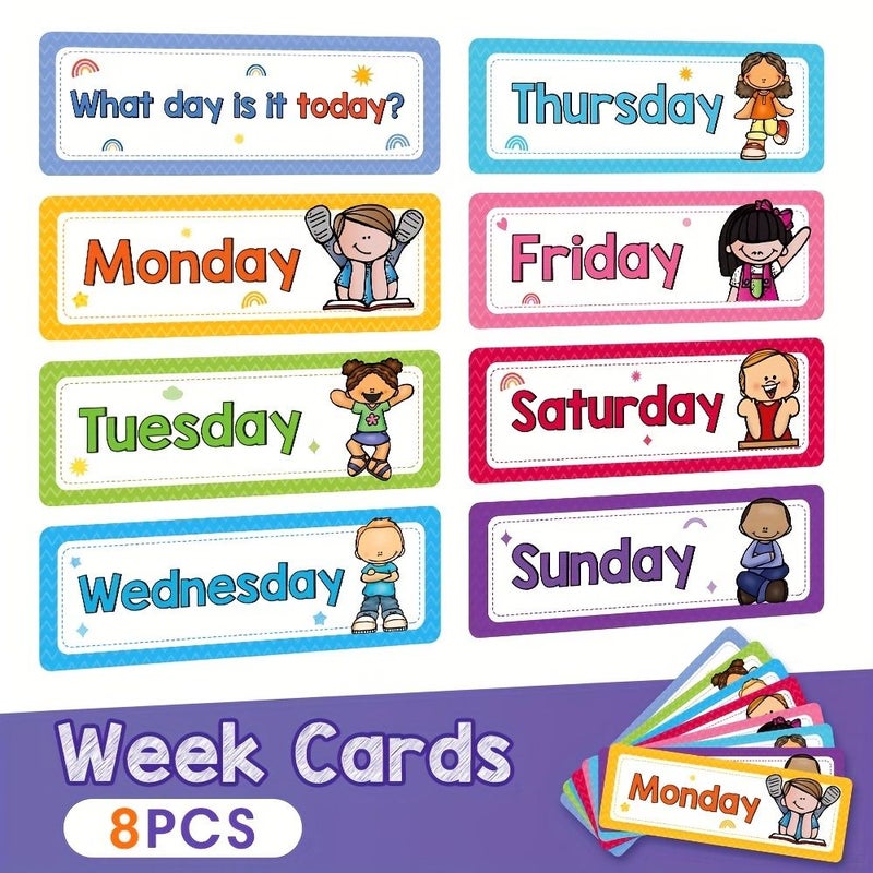Seasonal Month 16 Card Headliners Set Day of the Week Learning Cards Colorful English Words Numbers 1 7 Illustrations Classroom Wall Decor Preschool Teacher Supplies - Image 5