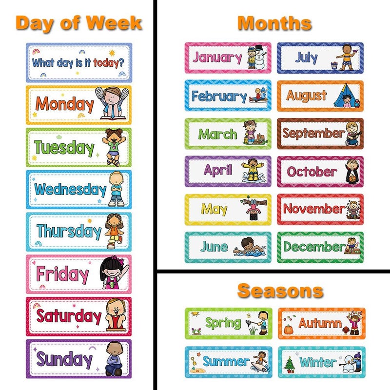 Seasonal Month 16 Card Headliners Set Day of the Week Learning Cards Colorful English Words Numbers 1 7 Illustrations Classroom Wall Decor Preschool Teacher Supplies - Image 1