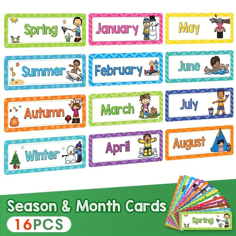 Seasonal Month 16 Card Headliners Set Day of the Week Learning Cards Colorful English Words Numbers 1 7 Illustrations Classroom Wall Decor Preschool Teacher Supplies - Image 4