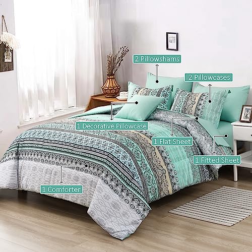 Cottolester Boho Comforter Set Queen Size,8 Piece Bed in a Bag Sage Green Paisley Comforter and Sheet Set,Striped Bedding Set Soft Microfiber Complete Bedding Set - Image 2
