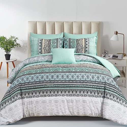 Cottolester Boho Comforter Set Queen Size,8 Piece Bed in a Bag Sage Green Paisley Comforter and Sheet Set,Striped Bedding Set Soft Microfiber Complete Bedding Set - Image 1