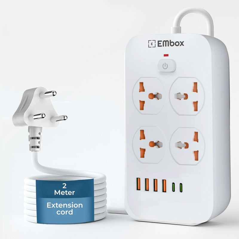 EMBOX لوحة تمديد مع USB (2.4 أ) 6 منافذ USB 4 نوع A و 2 نوع C مع مفتاح رئيسي، واقي من الارتفاع، 6 مقابس عالمية  أمبير، مؤشر LED وغطاء أمان، سلك تمديد بطول 2 متر - Image 1
