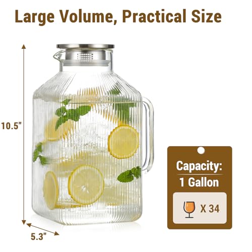Snuvid 1 Gallon thickened Square Glass Pitcher with Lid, Classic Stripes Water Pitchers for Fridge, Borosilicate Glass Carafe for Hot/Cold Brew Drink, Extra Large Jug with Handle for Iced Tea, Coffee, Juice - Image 3