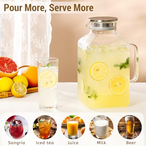 Snuvid 1 Gallon thickened Square Glass Pitcher with Lid, Classic Stripes Water Pitchers for Fridge, Borosilicate Glass Carafe for Hot/Cold Brew Drink, Extra Large Jug with Handle for Iced Tea, Coffee, Juice - Image 2