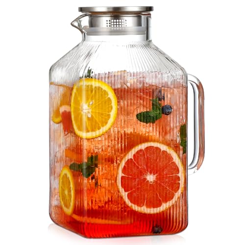 Snuvid 1 Gallon thickened Square Glass Pitcher with Lid, Classic Stripes Water Pitchers for Fridge, Borosilicate Glass Carafe for Hot/Cold Brew Drink, Extra Large Jug with Handle for Iced Tea, Coffee, Juice - Image 1