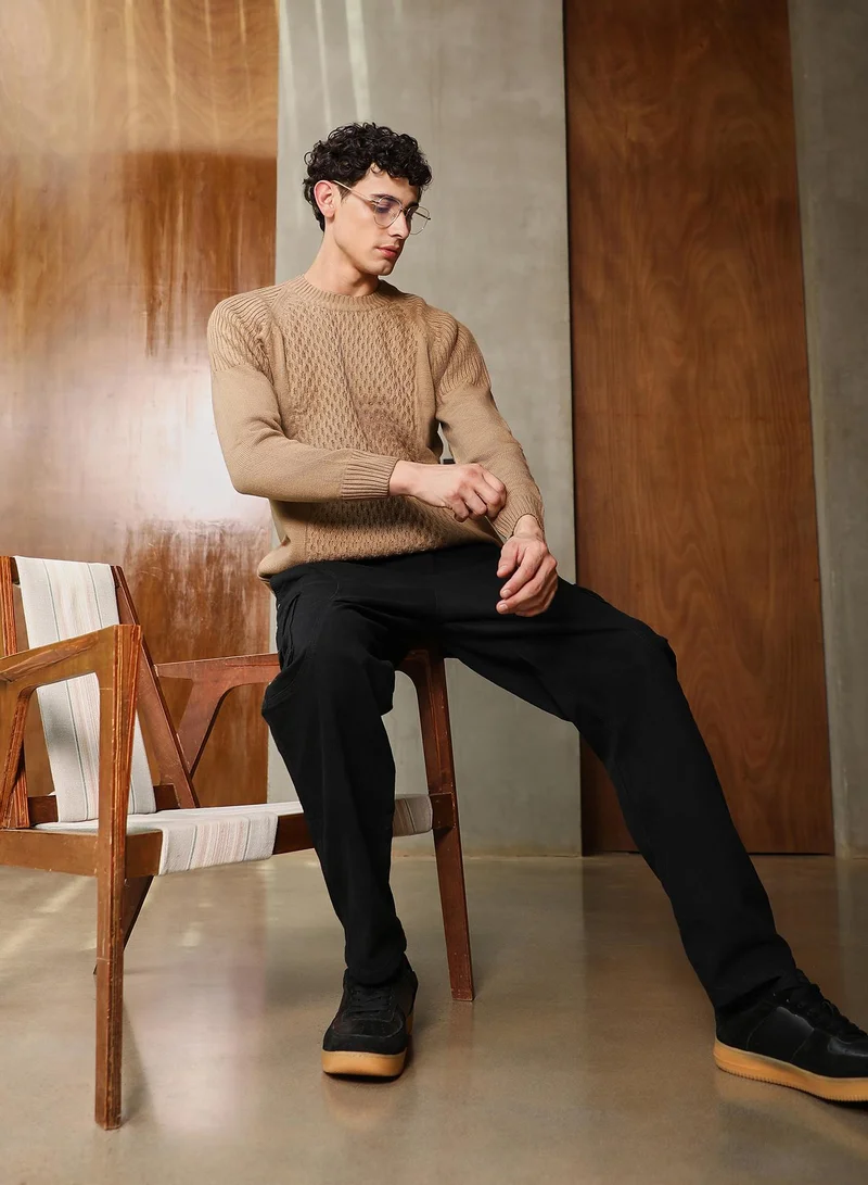 Campus Sutra Campus Sutra Men's Camel Beige Mesh-Jacquard Knit Pullover Sweater | Round Neck , Ribbed Cuff Sleeves , Pull On Closure , Ribbed-Straight Hem | Solid Jacquard For Casual & Daily Wear