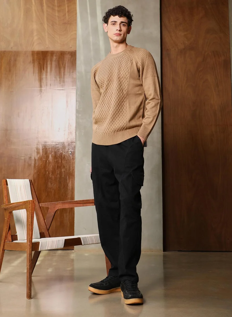 Campus Sutra Campus Sutra Men's Camel Beige Mesh-Jacquard Knit Pullover Sweater | Round Neck , Ribbed Cuff Sleeves , Pull On Closure , Ribbed-Straight Hem | Solid Jacquard For Casual & Daily Wear