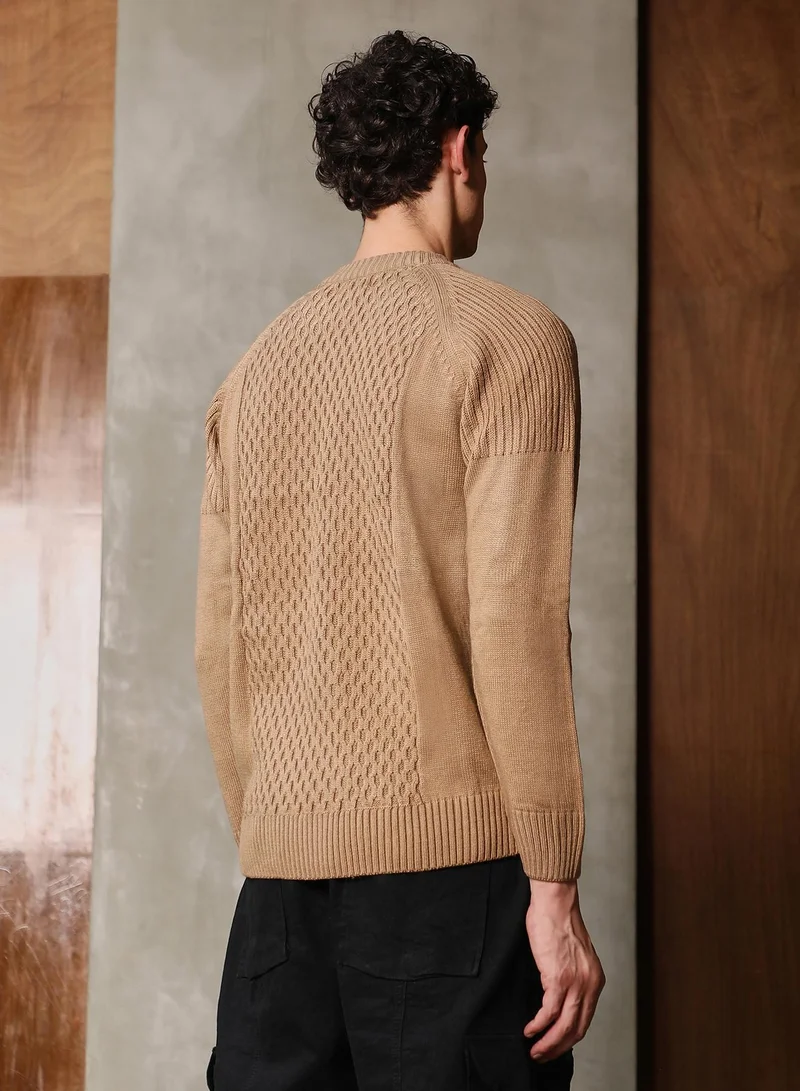 Campus Sutra Campus Sutra Men's Camel Beige Mesh-Jacquard Knit Pullover Sweater | Round Neck , Ribbed Cuff Sleeves , Pull On Closure , Ribbed-Straight Hem | Solid Jacquard For Casual & Daily Wear