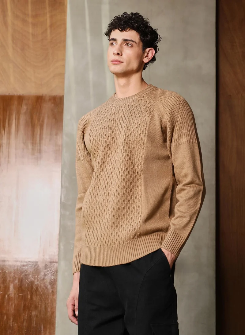 Campus Sutra Campus Sutra Men's Camel Beige Mesh-Jacquard Knit Pullover Sweater | Round Neck , Ribbed Cuff Sleeves , Pull On Closure , Ribbed-Straight Hem | Solid Jacquard For Casual & Daily Wear