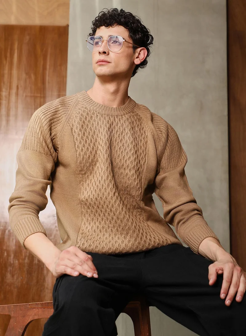 Campus Sutra Campus Sutra Men's Camel Beige Mesh-Jacquard Knit Pullover Sweater | Round Neck , Ribbed Cuff Sleeves , Pull On Closure , Ribbed-Straight Hem | Solid Jacquard For Casual & Daily Wear