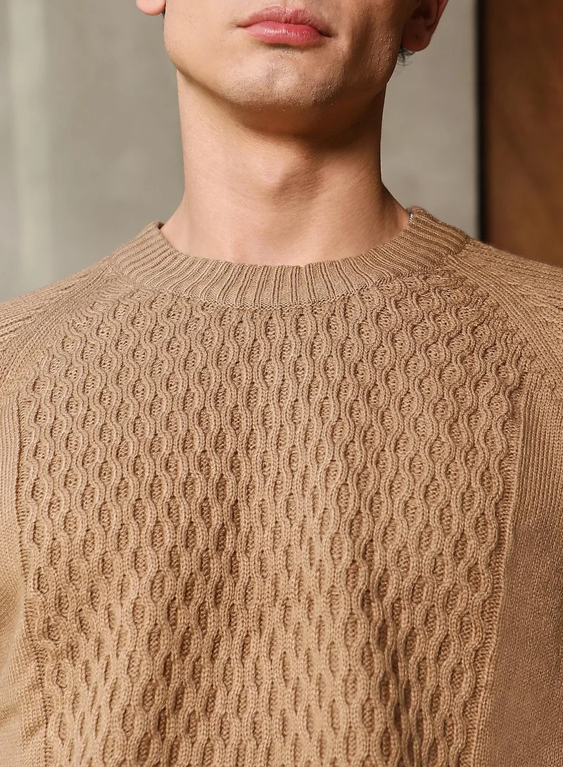 Campus Sutra Campus Sutra Men's Camel Beige Mesh-Jacquard Knit Pullover Sweater | Round Neck , Ribbed Cuff Sleeves , Pull On Closure , Ribbed-Straight Hem | Solid Jacquard For Casual & Daily Wear