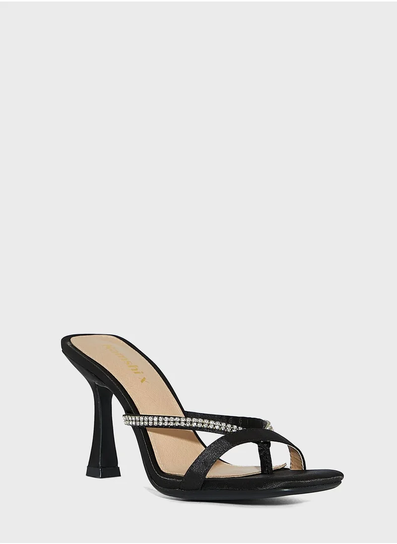 Namshi x Youmna Satin Diamante Edge Toe Post Mule Sandal