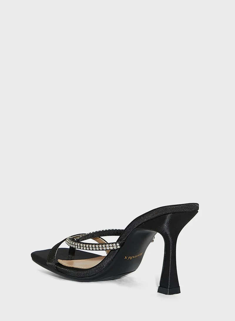 Namshi x Youmna Satin Diamante Edge Toe Post Mule Sandal