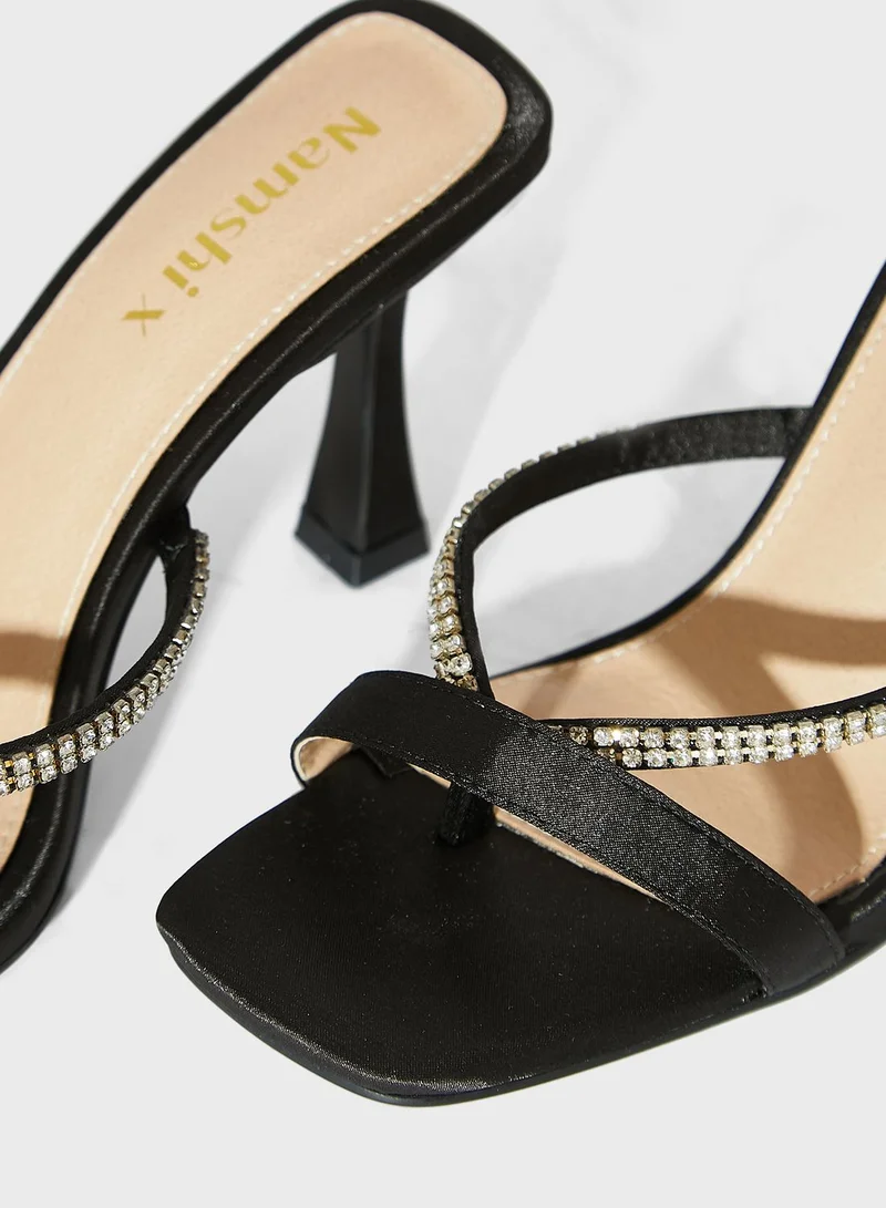 Namshi x Youmna Satin Diamante Edge Toe Post Mule Sandal