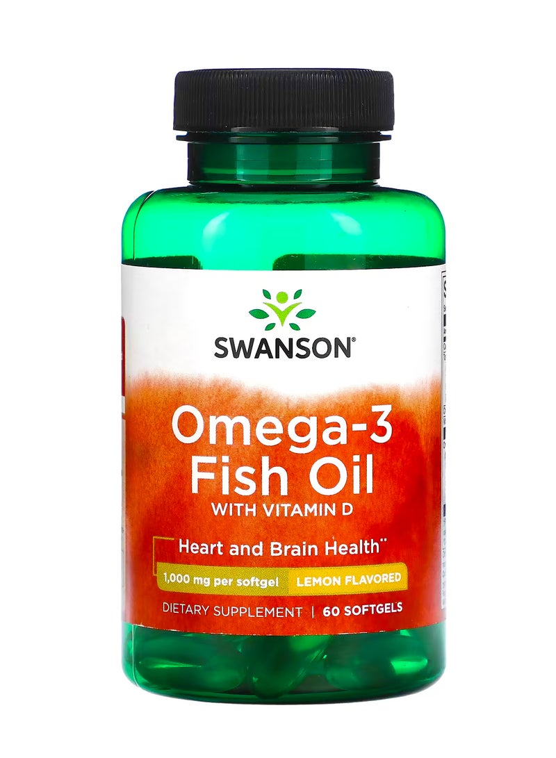 SWANSON Omega-3 Fish Oil with Vitamin D Lemon 1000 mg 60 Softgels 