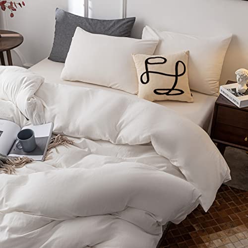 Janlive Washed Cotton Duvet Cover Queen Ultra Soft 100% Cotton Solid Color White Duvet Cover Set with Zipper Closure -3 Pieces White Queen - Image 3