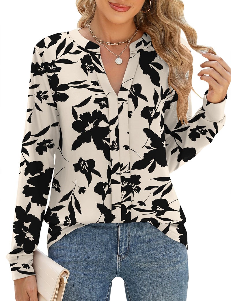 Micoson Tunic Tops for Women Loose Fit Dressy Long Sleeve Business Loose Fit Shirts V-Neck Ladies Tops and Blouese Apricot Black Floral M - Image 1