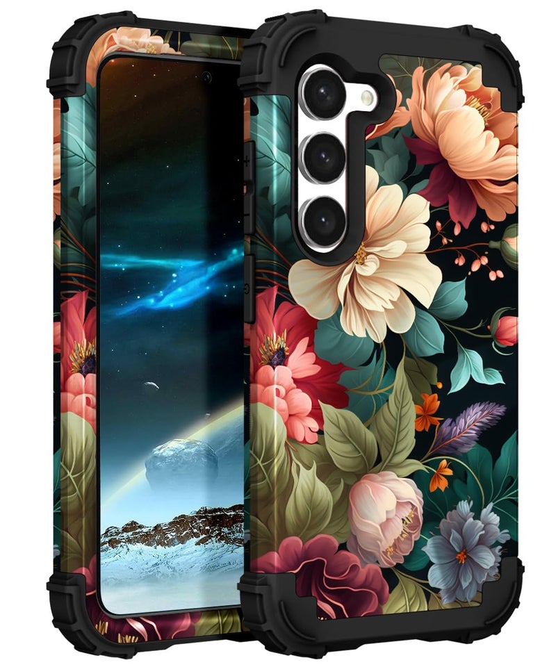 PIXIU Unique Flower Pattern Compatible with Samsung Galaxy S24 Plus case, Heavy Duty Dual Layer Shockproof Full-Body Protective Sturdy Hybrid Cute Rugged Case for Women,Girls,Kids-Black Floral - Image 1