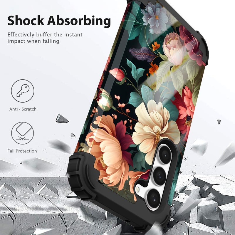 PIXIU Unique Flower Pattern Compatible with Samsung Galaxy S24 Plus case, Heavy Duty Dual Layer Shockproof Full-Body Protective Sturdy Hybrid Cute Rugged Case for Women,Girls,Kids-Black Floral - Image 4