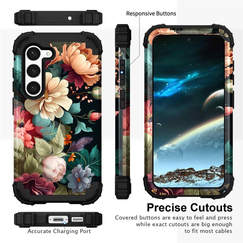 PIXIU Unique Flower Pattern Compatible with Samsung Galaxy S24 Plus case, Heavy Duty Dual Layer Shockproof Full-Body Protective Sturdy Hybrid Cute Rugged Case for Women,Girls,Kids-Black Floral - Image 2