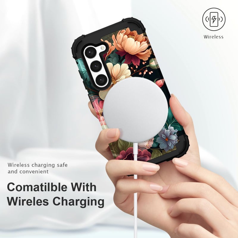 PIXIU Unique Flower Pattern Compatible with Samsung Galaxy S24 Plus case, Heavy Duty Dual Layer Shockproof Full-Body Protective Sturdy Hybrid Cute Rugged Case for Women,Girls,Kids-Black Floral - Image 5