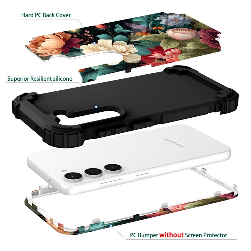 PIXIU Unique Flower Pattern Compatible with Samsung Galaxy S24 Plus case, Heavy Duty Dual Layer Shockproof Full-Body Protective Sturdy Hybrid Cute Rugged Case for Women,Girls,Kids-Black Floral - Image 3