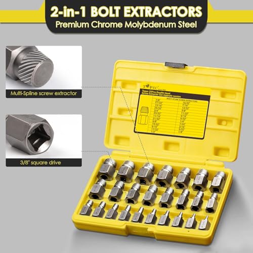 Topec 25Pcs-Double Head Screw Extractor Set, Newest Version 3/8” Drive 2-in-1 Functional Easy Out Bolt Extractor Set, Premium CR-MO Steel Rounded Bolt Remover - Image 4