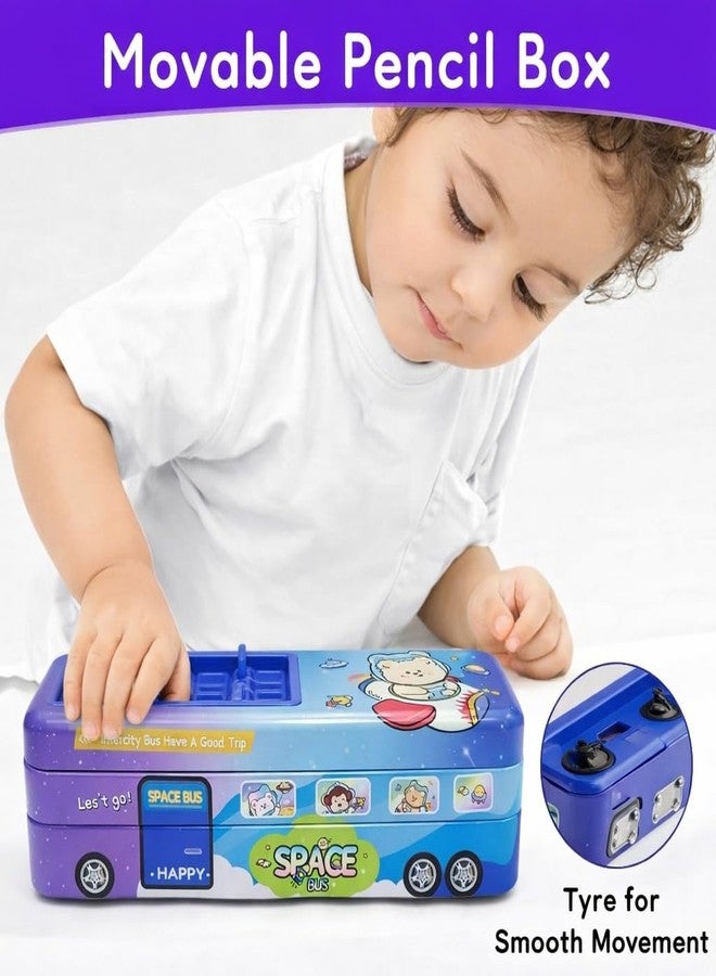 smaX Metal Double Layer Pencil Box for Kids | Bus Design Pencil Case & Stationery Organizer | Durable Large Storage School Box for Boys & Girls (Blue) - Image 4