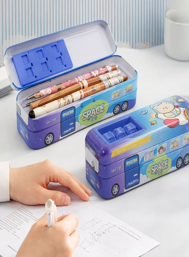 smaX Metal Double Layer Pencil Box for Kids | Bus Design Pencil Case & Stationery Organizer | Durable Large Storage School Box for Boys & Girls (Blue) - Image 5
