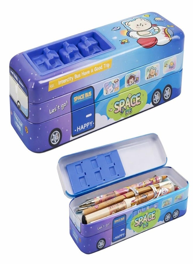 smaX Metal Double Layer Pencil Box for Kids | Bus Design Pencil Case & Stationery Organizer | Durable Large Storage School Box for Boys & Girls (Blue) - Image 1