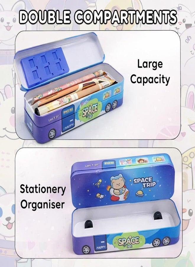 smaX Metal Double Layer Pencil Box for Kids | Bus Design Pencil Case & Stationery Organizer | Durable Large Storage School Box for Boys & Girls (Blue) - Image 2