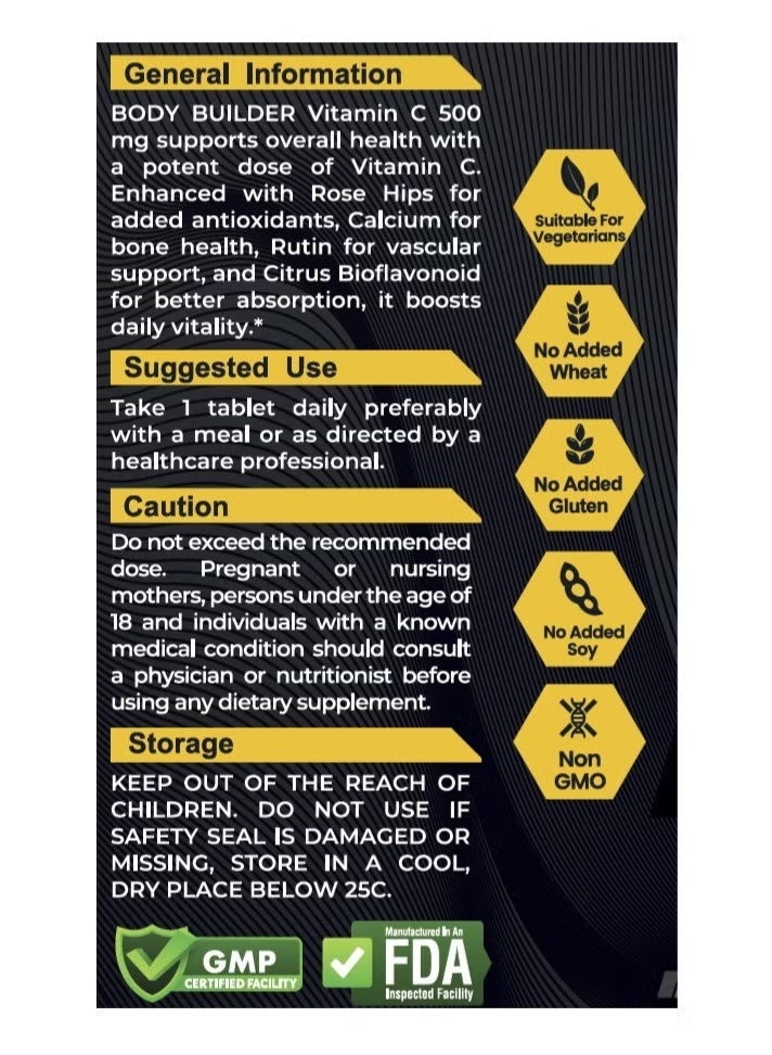 Body Builder Vitamin C 500 mg 30 Tablets-Manufactured in USA FDA,GMP Certified Facility- Supports Immune Health Rich in Antioxidants - Image 3