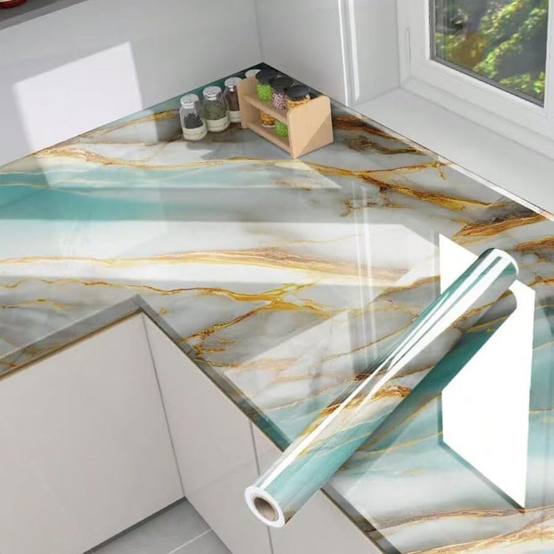 GLOW4U Ocean Theme Teal Marble Contact Paper for Countertop Table Waterproof Removable Peel and Stick Vinyl Grossy Marble Granite Cabinets Drawer Bathroom Cupboard Liner (15.7" Wide X117 Length) - Image 3