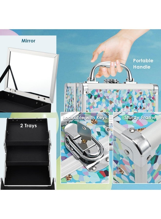 FRENESSA Makeup Train Case Cosmetic Case Organizer Portable Makeup Box 2 Trays With Mirror Makeup Organizer Case For Girls Makeup Supplies, Nail Kits, Crafts Sewing Travel Makeup Case Mosaic Puzzle - Image 5