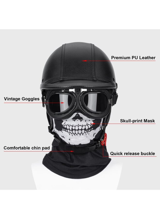 Handmade Leather Motorcycle Helmet Retro Half Face Helmet for Adults Men and Women, Lightweight Open Face 1/2 Vintage Helmets for Moped Cruiser Scooter (Black XXXL) - Image 4