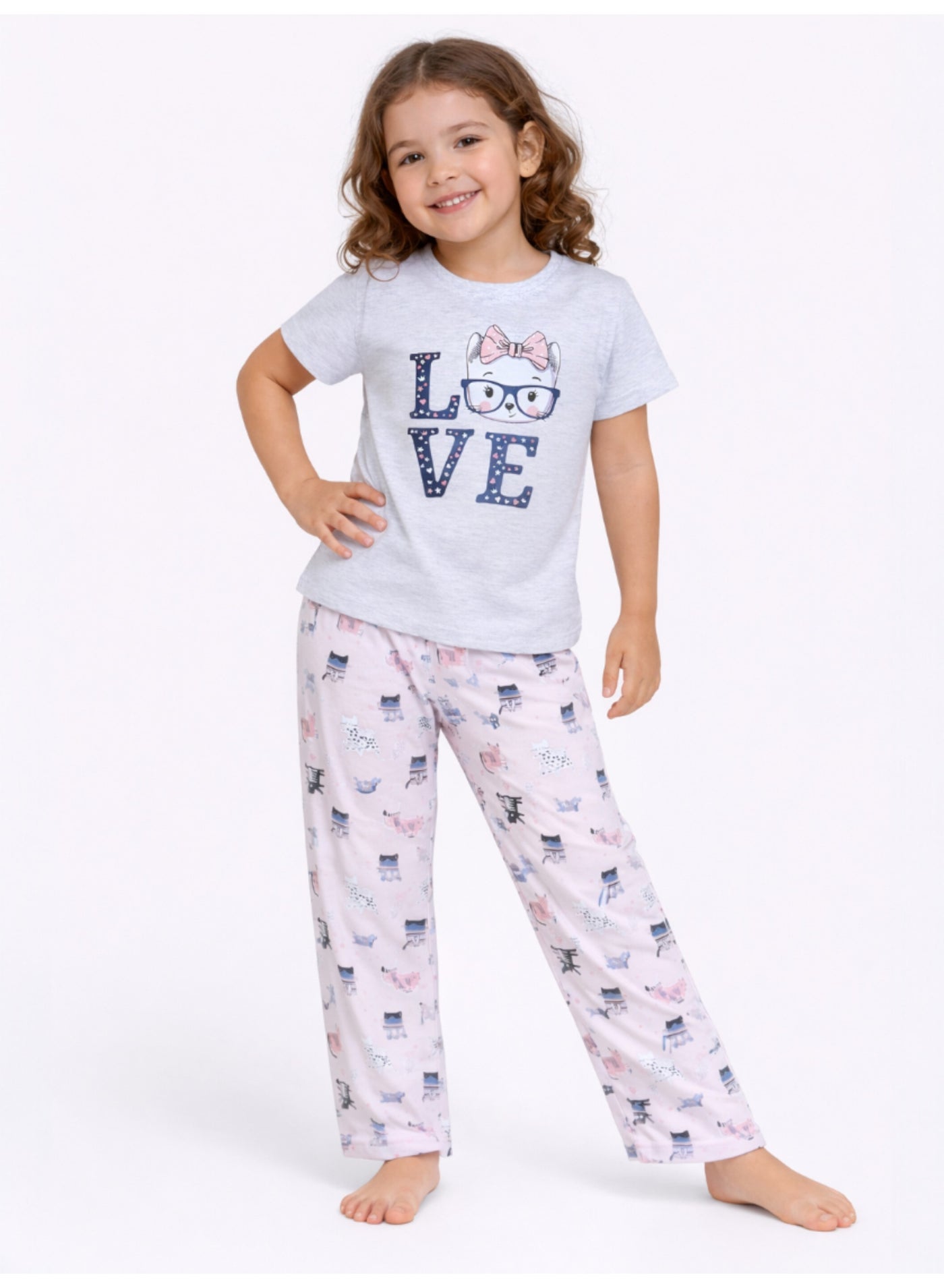 victor and jane Girls Cat “LOVE” Print Cotton Pajama Set – T-Shirt & Full Pants Nightwear