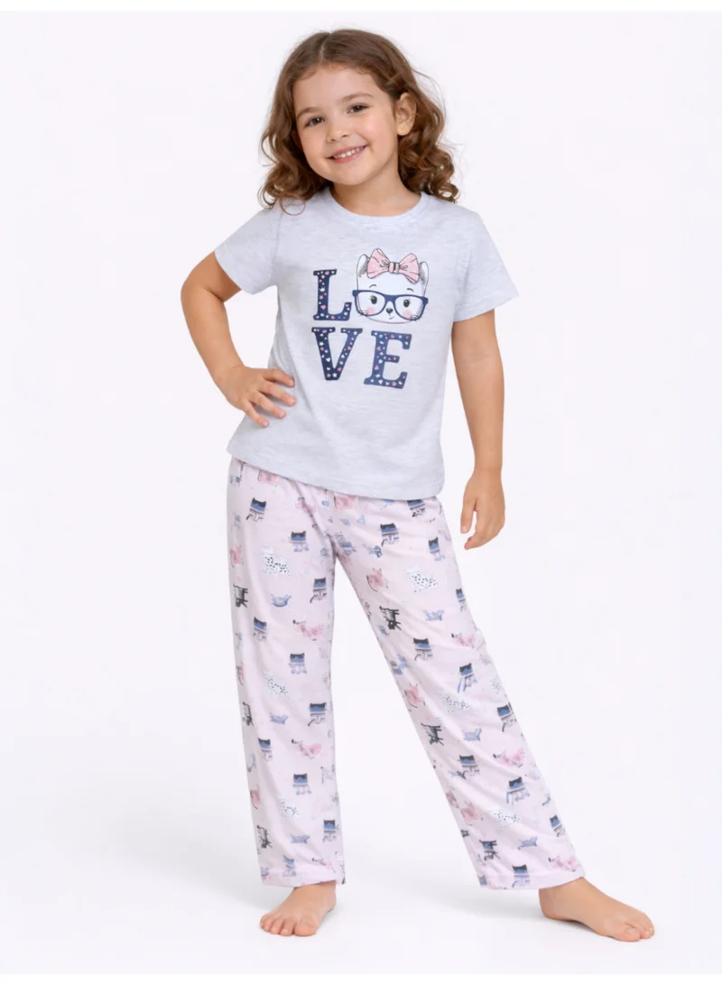 victor and jane Girls Cat “LOVE” Print Cotton Pajama Set – T-Shirt & Full Pants Nightwear
