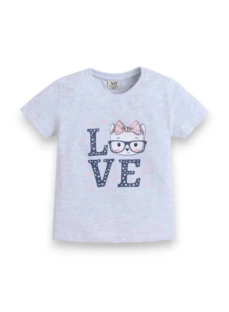Victor And Jane  Girls Cat “LOVE” Print Cotton Pajama Set – T-Shirt & Full Pants Nightwear for Women | Best Price UAE