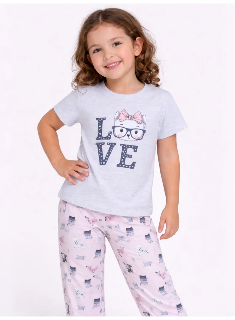 Victor And Jane  Girls Cat “LOVE” Print Cotton Pajama Set – T-Shirt & Full Pants Nightwear for Women | Best Price UAE