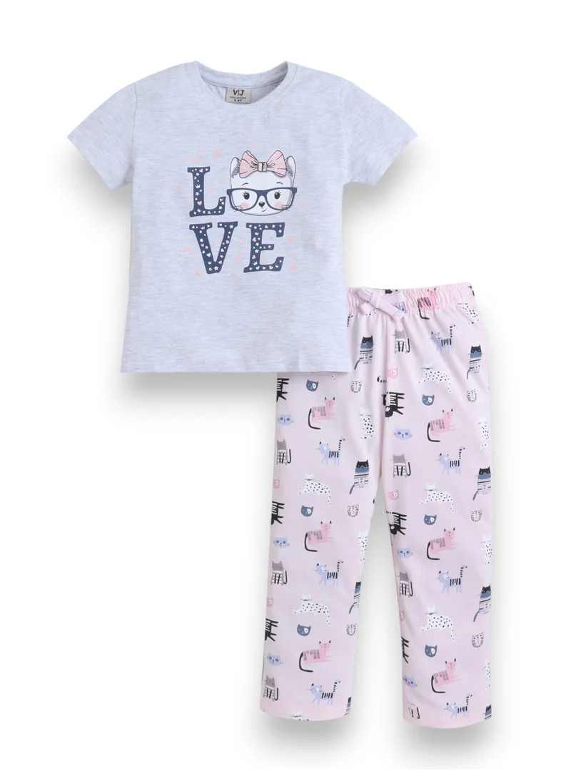 victor and jane Girls Cat “LOVE” Print Cotton Pajama Set – T-Shirt & Full Pants Nightwear