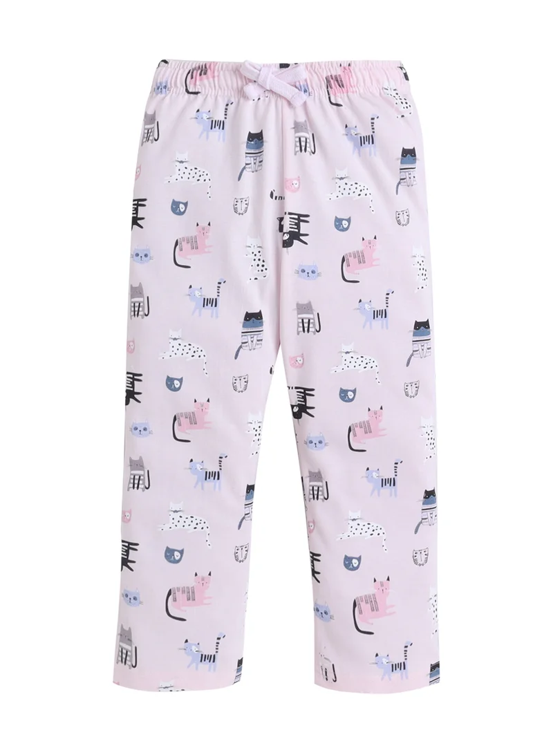 Victor And Jane  Girls Cat “LOVE” Print Cotton Pajama Set – T-Shirt & Full Pants Nightwear for Women | Best Price UAE