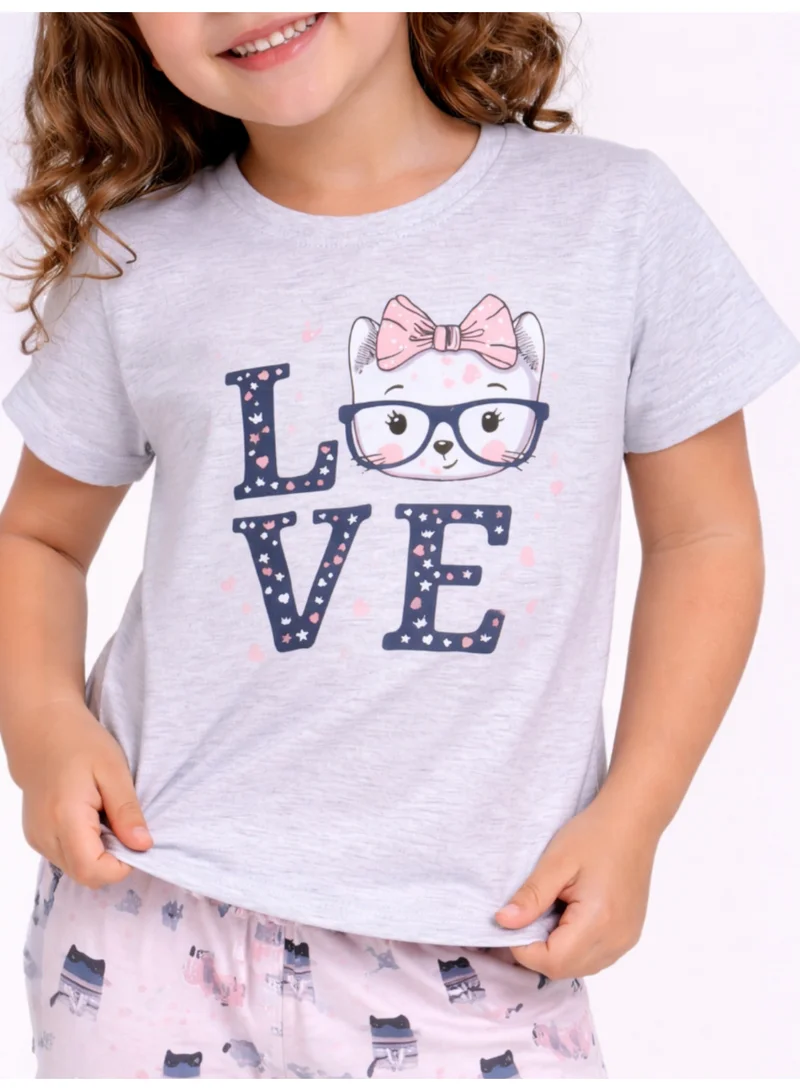 Victor And Jane  Girls Cat “LOVE” Print Cotton Pajama Set – T-Shirt & Full Pants Nightwear for Women | Best Price UAE